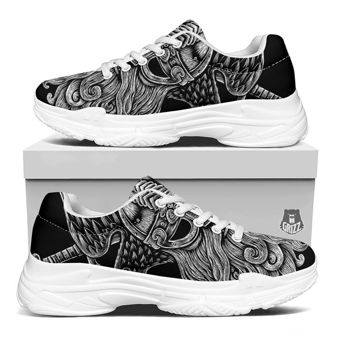 Odin With Crows White And Black Print White Chunky Shoes-grizzshop
