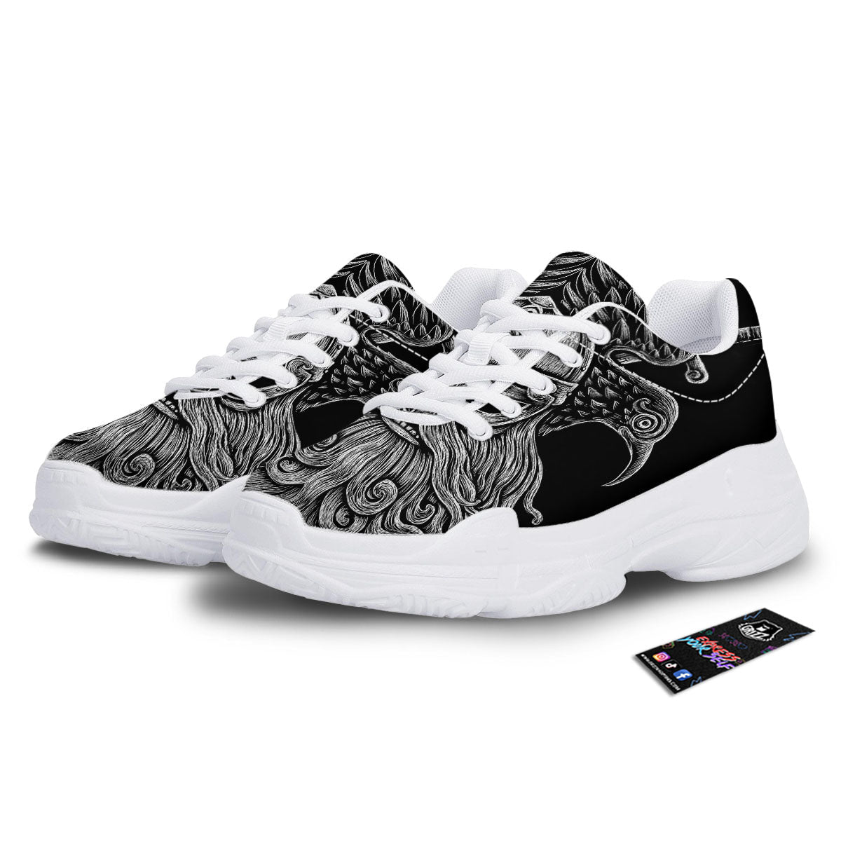 Odin With Crows White And Black Print White Chunky Shoes-grizzshop