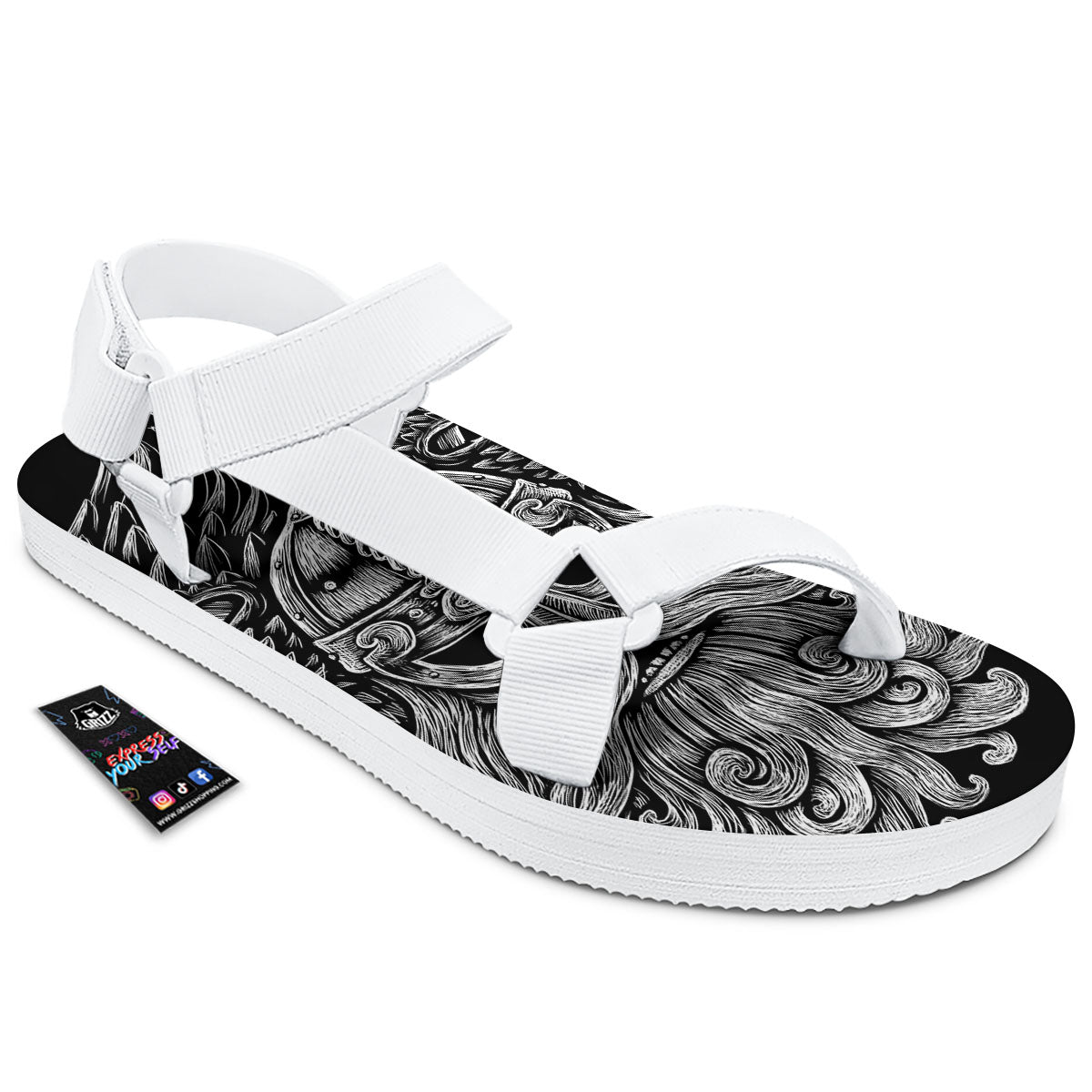 Odin With Crows White And Black Print White Open Toe Sandals-grizzshop