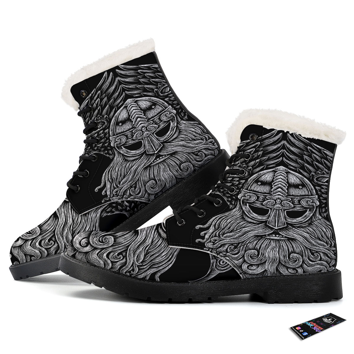 Odin With Crows White And Black Print Winter Boots-grizzshop