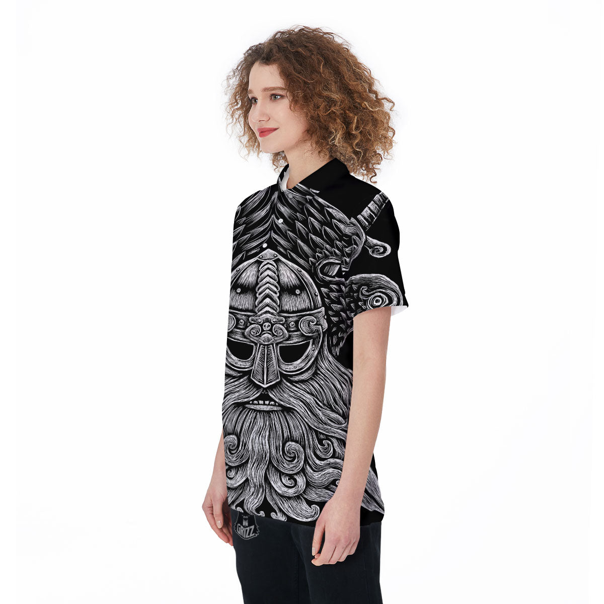 Odin With Crows White And Black Print Women's Golf Shirts-grizzshop