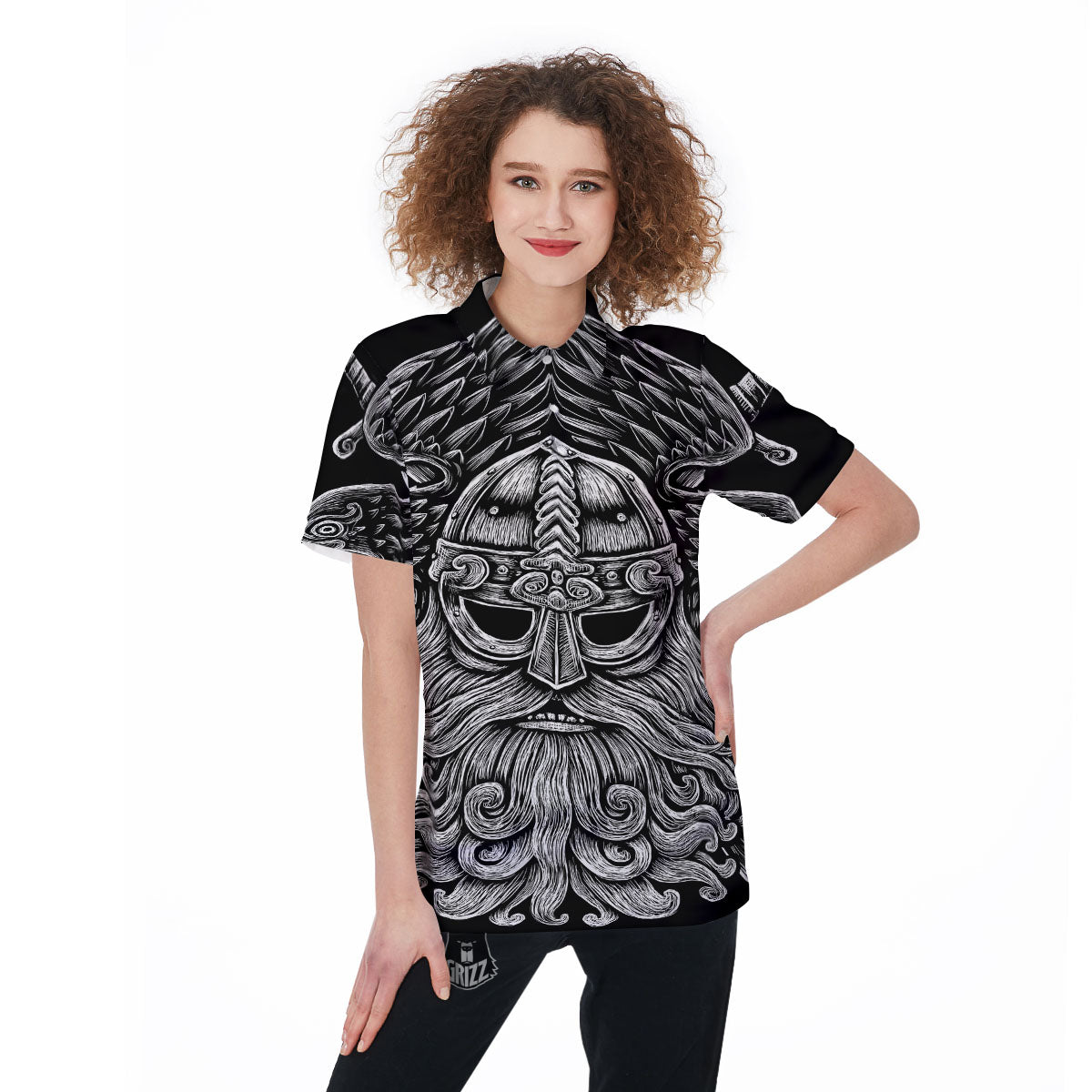 Odin With Crows White And Black Print Women's Golf Shirts-grizzshop