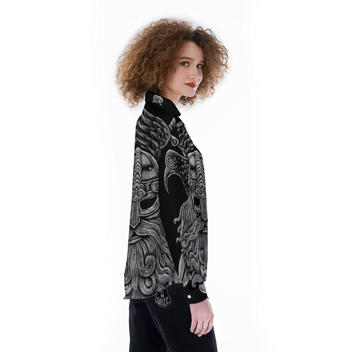 Odin With Crows White And Black Print Women's Long Sleeve Shirts-grizzshop