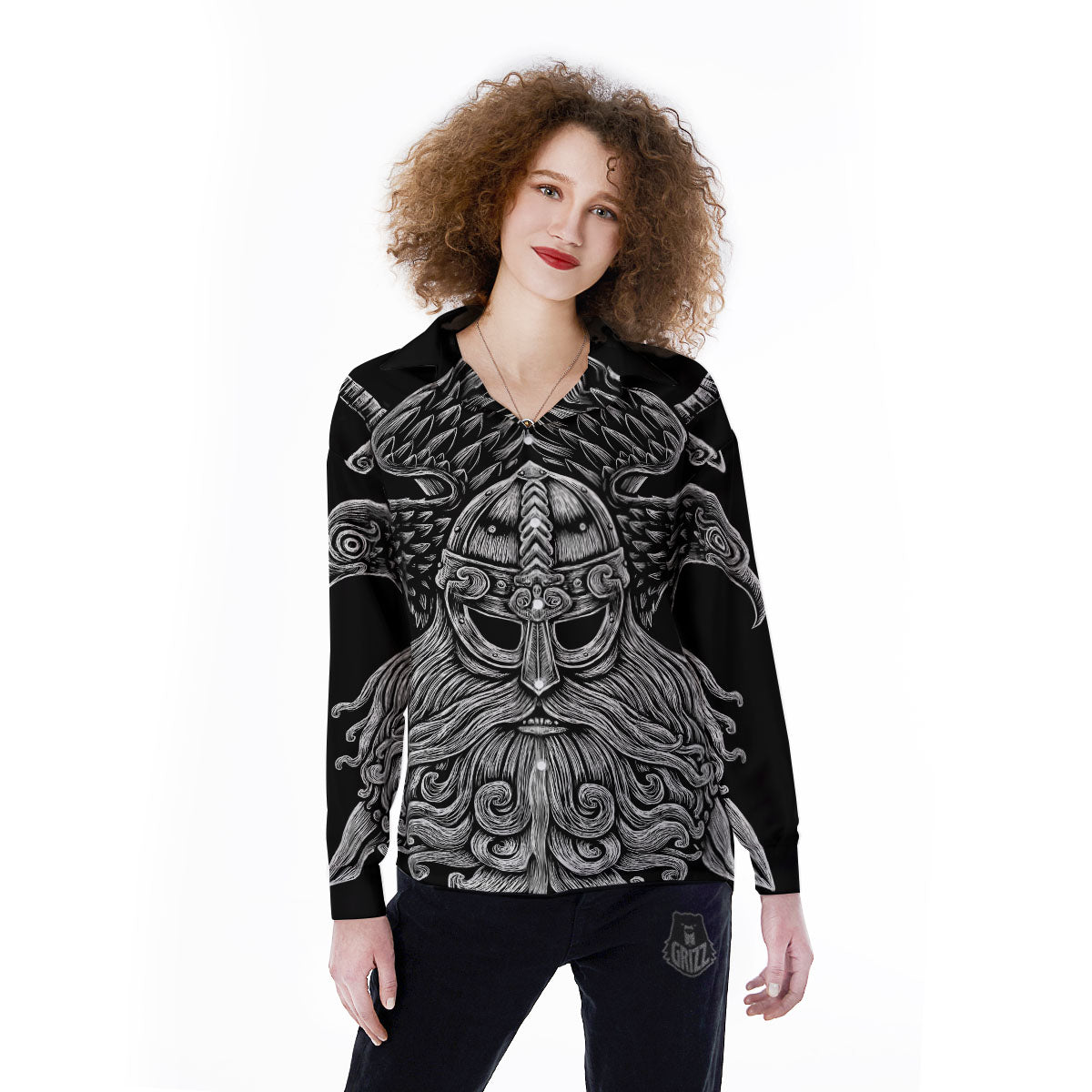 Odin With Crows White And Black Print Women's Long Sleeve Shirts-grizzshop