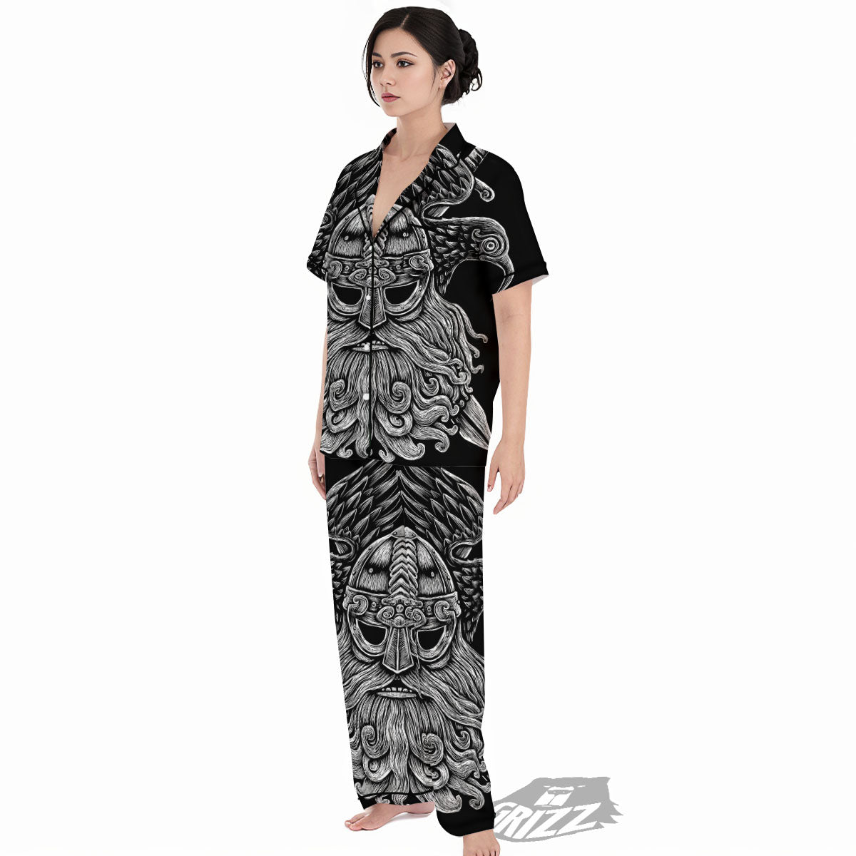 Odin With Crows White And Black Print Women's Pajamas Set-grizzshop