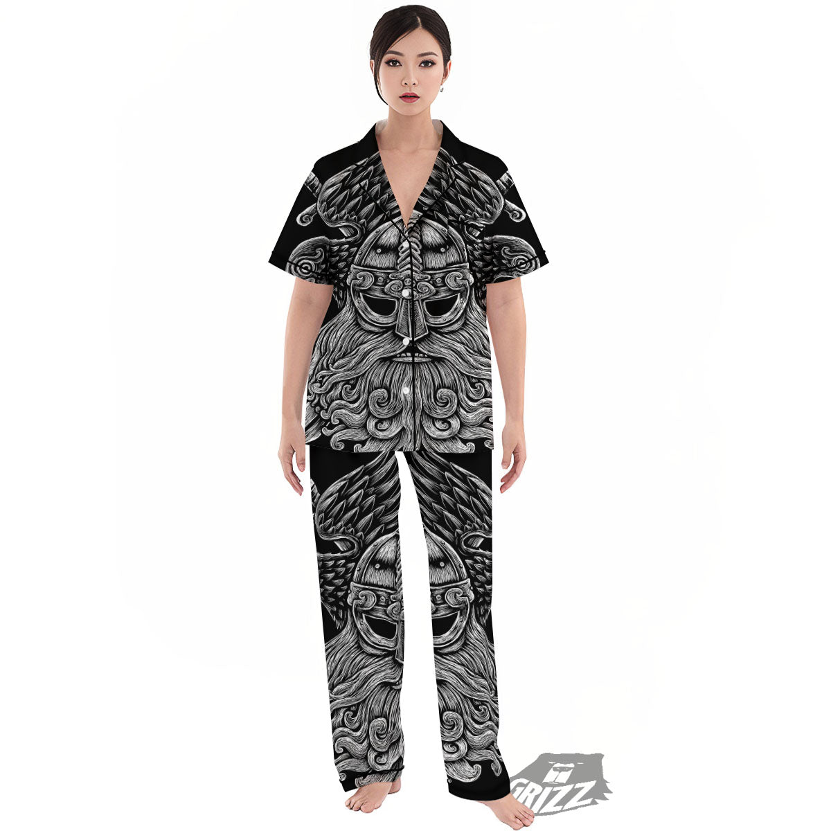 Odin With Crows White And Black Print Women's Pajamas Set-grizzshop