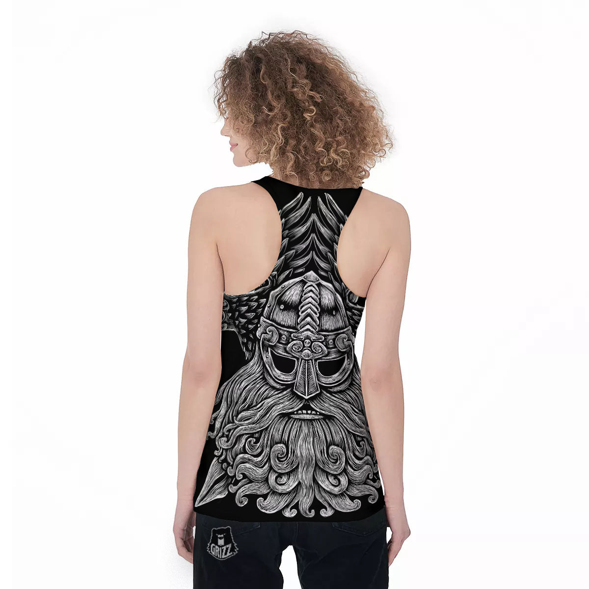 Odin With Crows White And Black Print Women's Racerback Tank Top-grizzshop