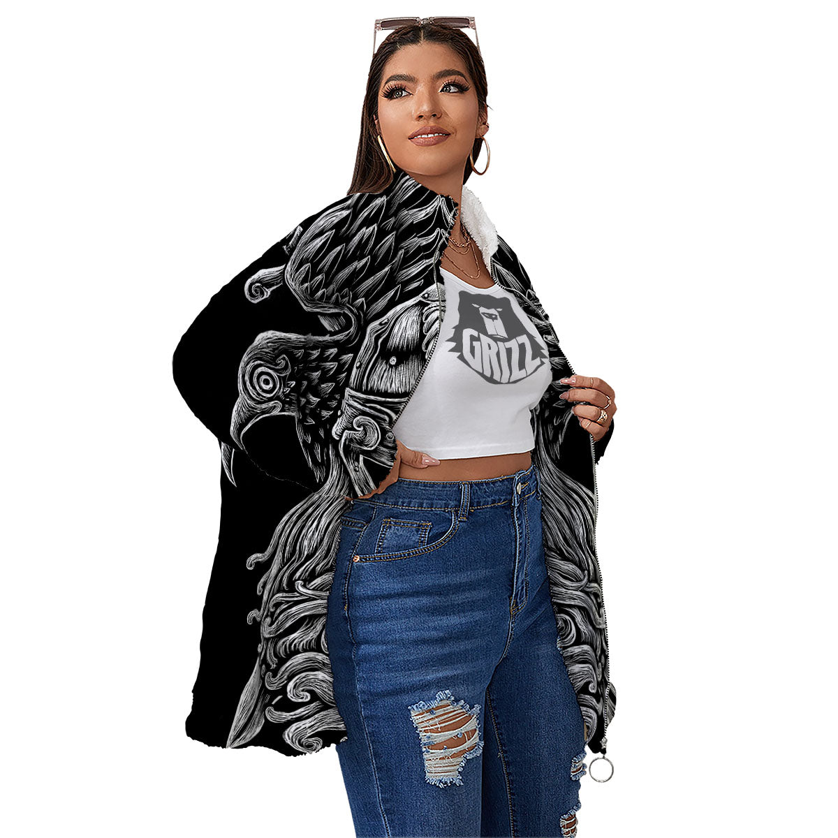 Odin With Crows White And Black Print Women's Sherpa Jacket-grizzshop