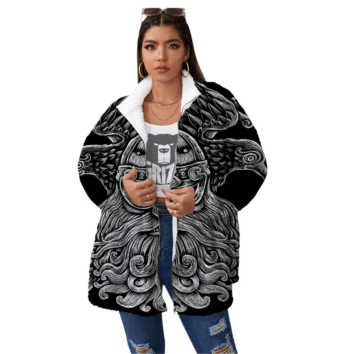Odin With Crows White And Black Print Women's Sherpa Jacket-grizzshop