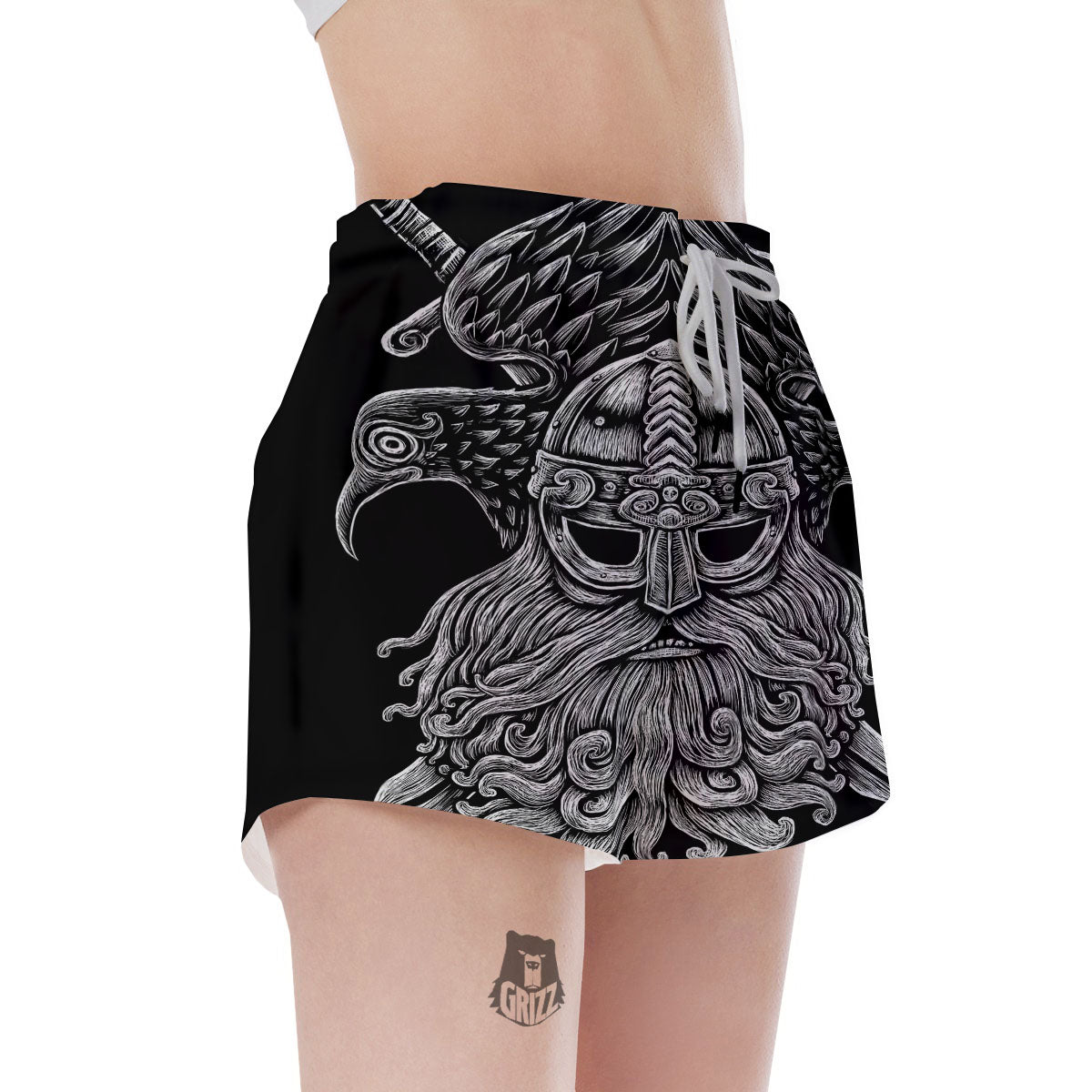 Odin With Crows White And Black Print Women's Shorts-grizzshop