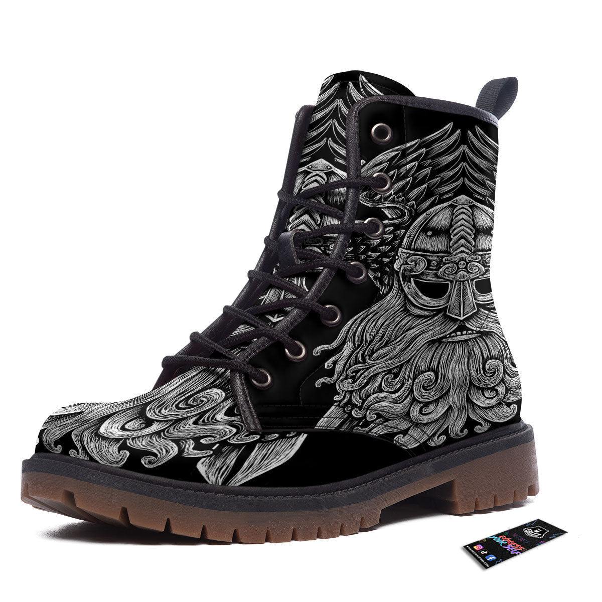 Odin With Crows White And Black Print Work Boots-grizzshop