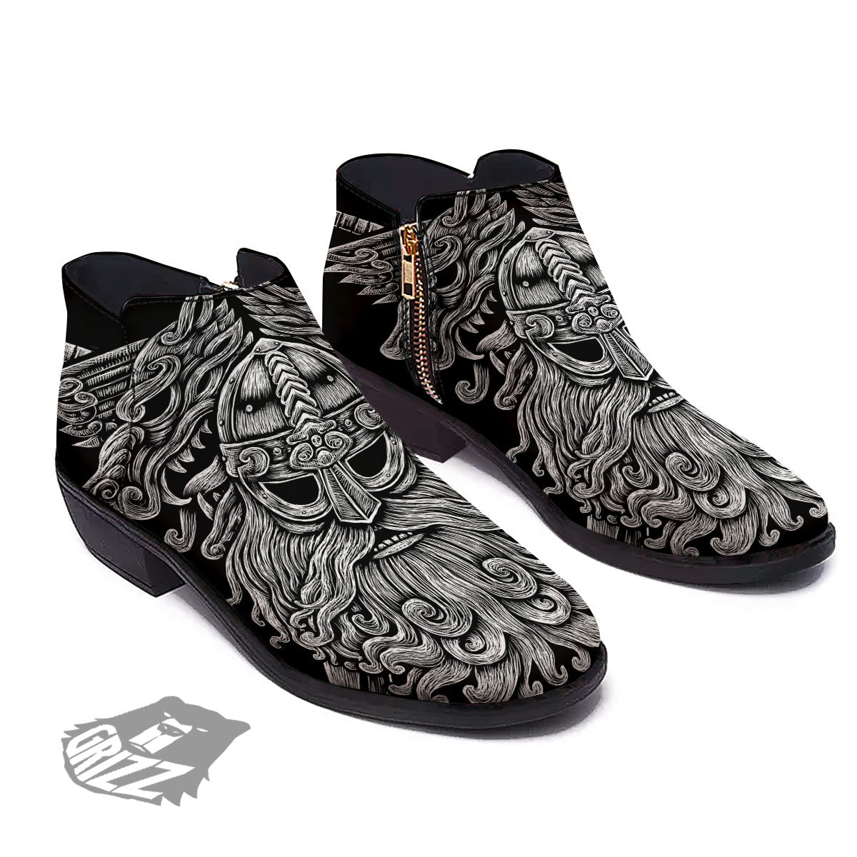 Odin With Wolfs White And Black Print Ankle Boots-grizzshop