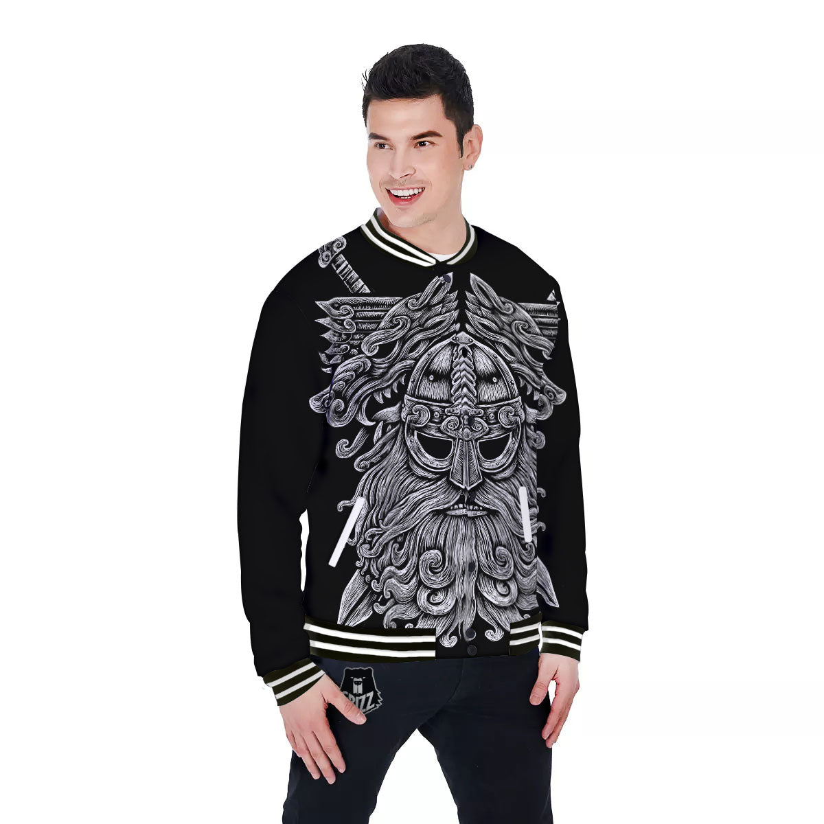 Odin With Wolfs White And Black Print Baseball Jacket-grizzshop