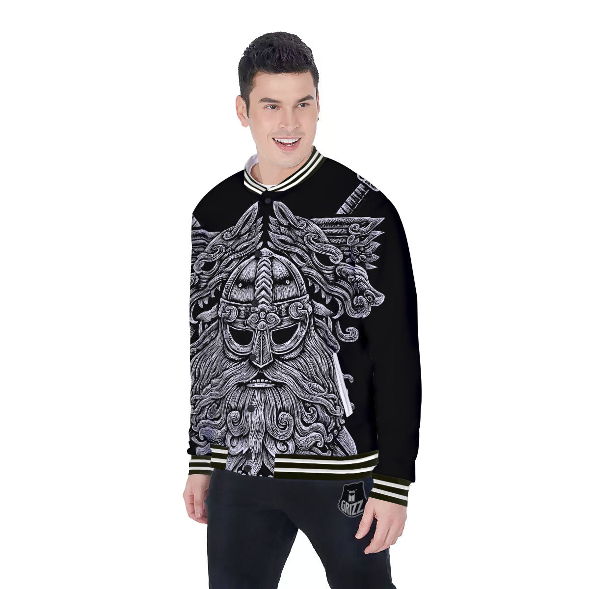 Odin With Wolfs White And Black Print Baseball Jacket-grizzshop