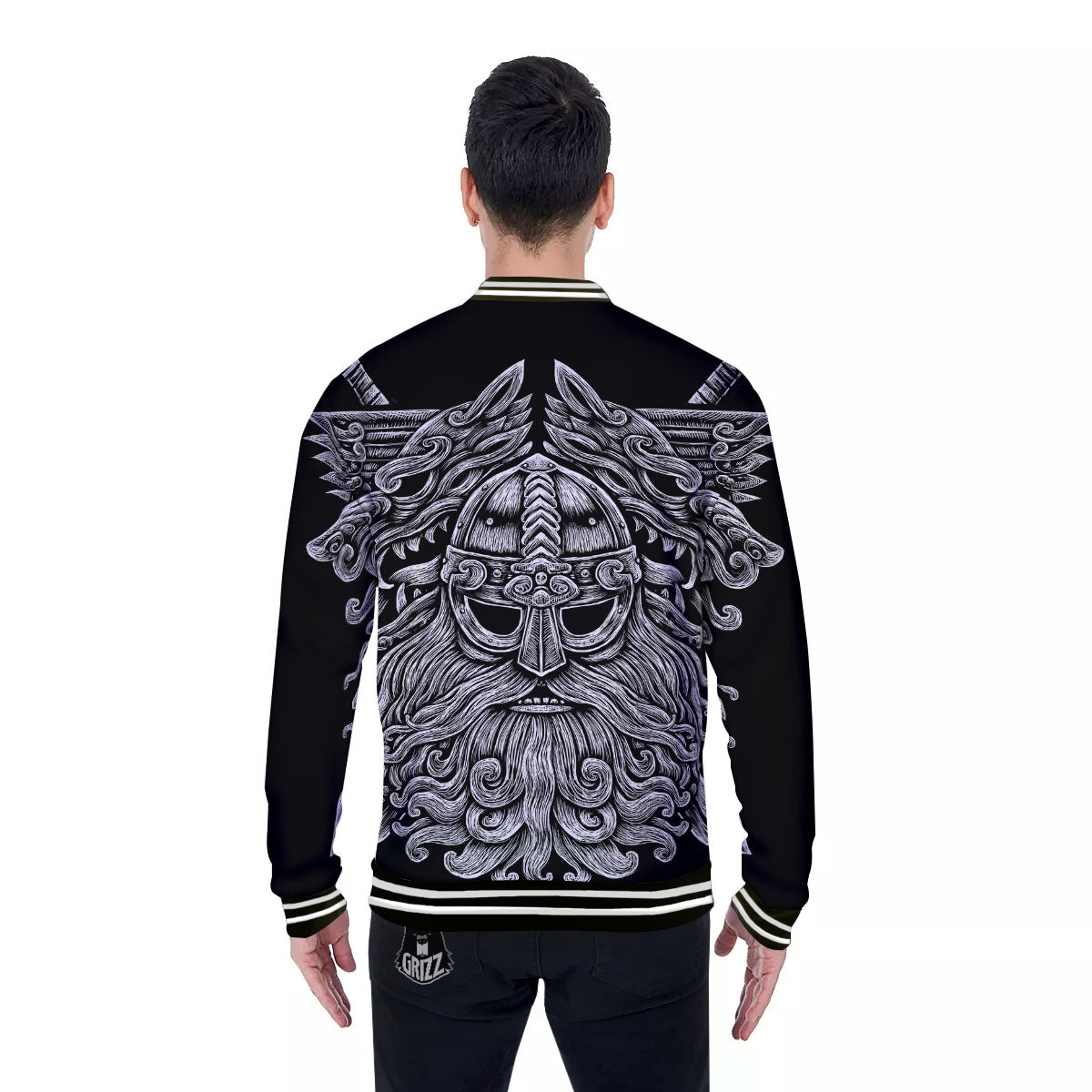 Odin With Wolfs White And Black Print Baseball Jacket-grizzshop