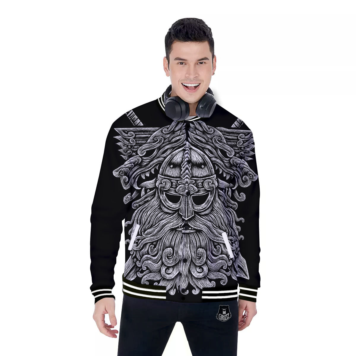 Odin With Wolfs White And Black Print Baseball Jacket-grizzshop