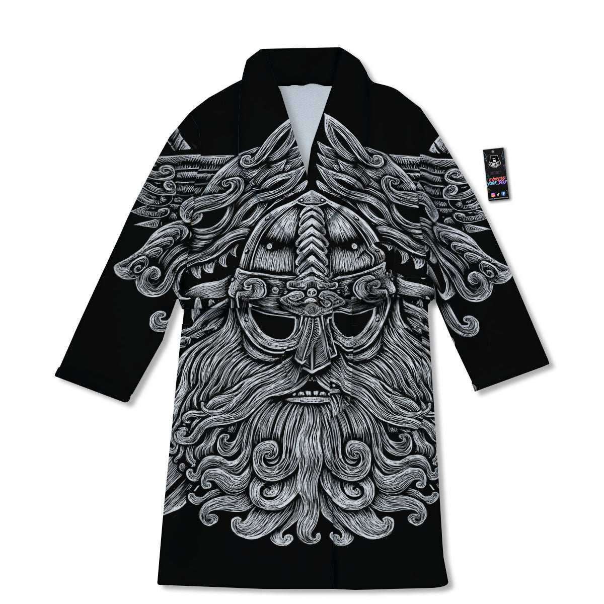 Odin With Wolfs White And Black Print Bathrobe-grizzshop