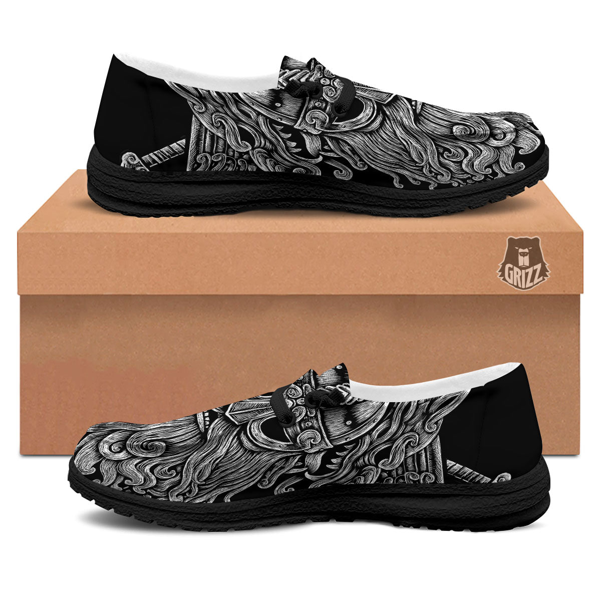 Odin With Wolfs White And Black Print Black Loafers-grizzshop