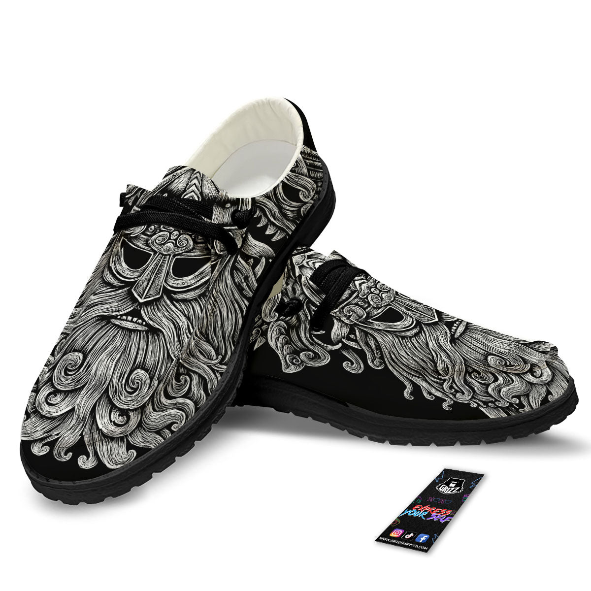 Odin With Wolfs White And Black Print Black Loafers-grizzshop