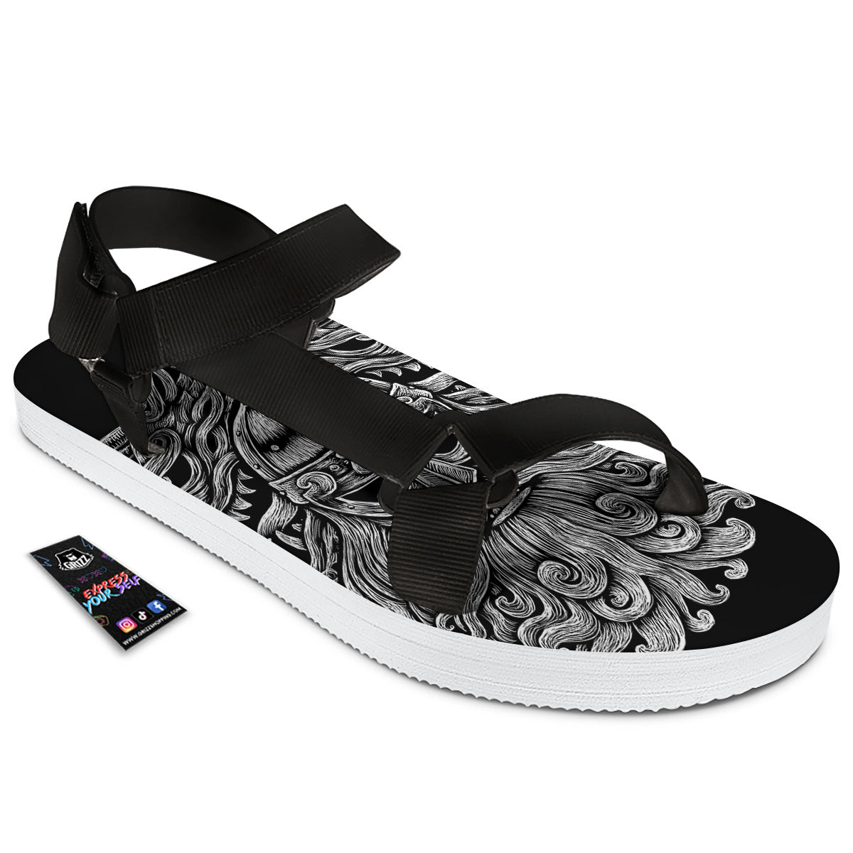 Odin With Wolfs White And Black Print Black Open Toe Sandals-grizzshop