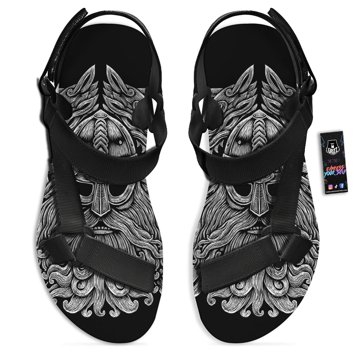 Odin With Wolfs White And Black Print Black Open Toe Sandals-grizzshop