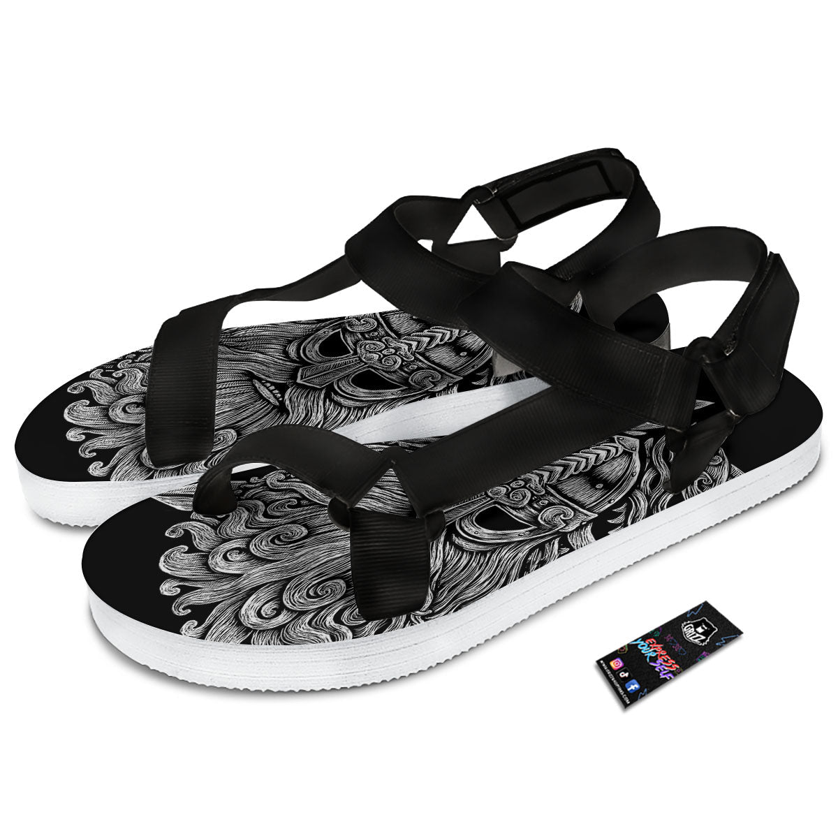 Odin With Wolfs White And Black Print Black Open Toe Sandals-grizzshop