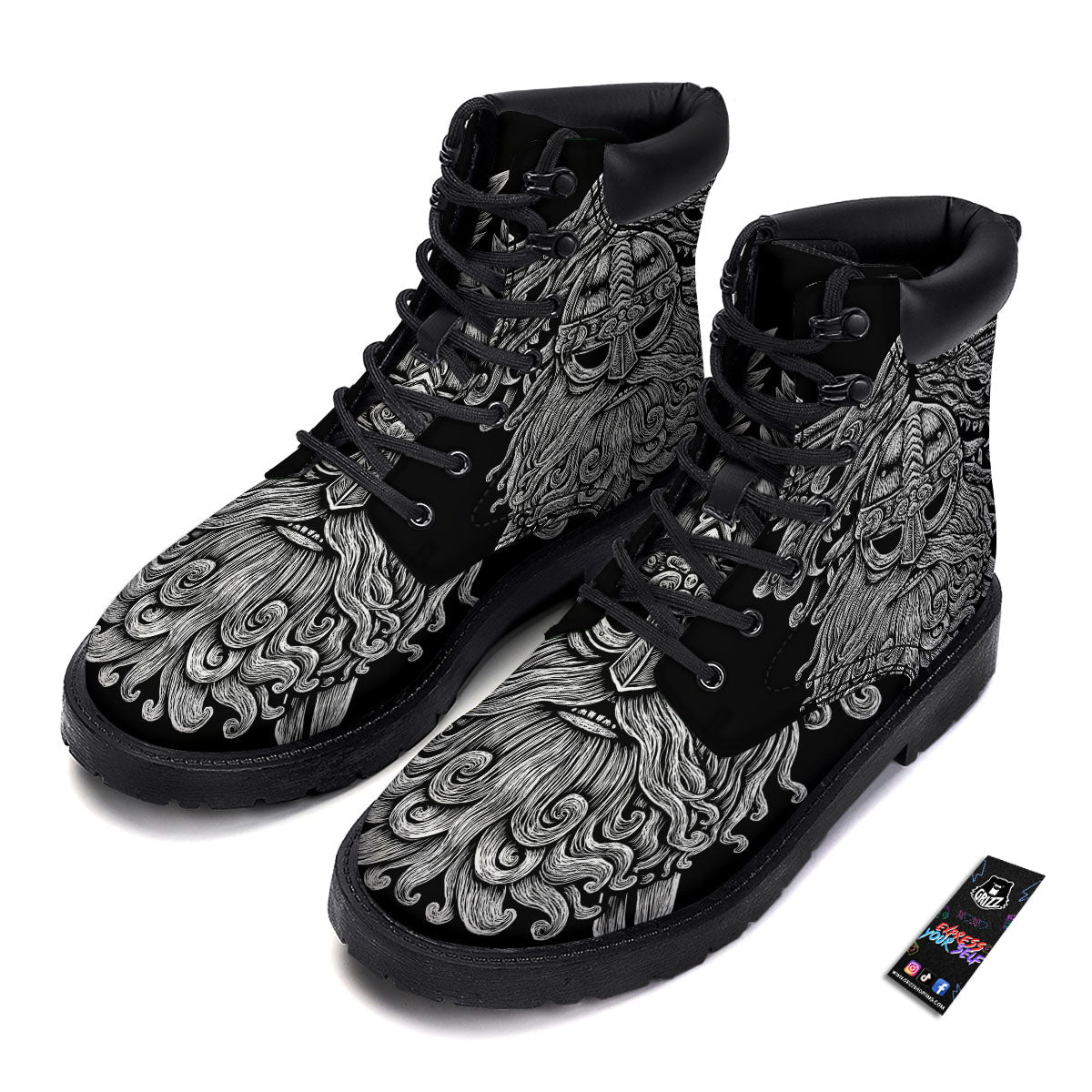 Odin With Wolfs White And Black Print Boots-grizzshop
