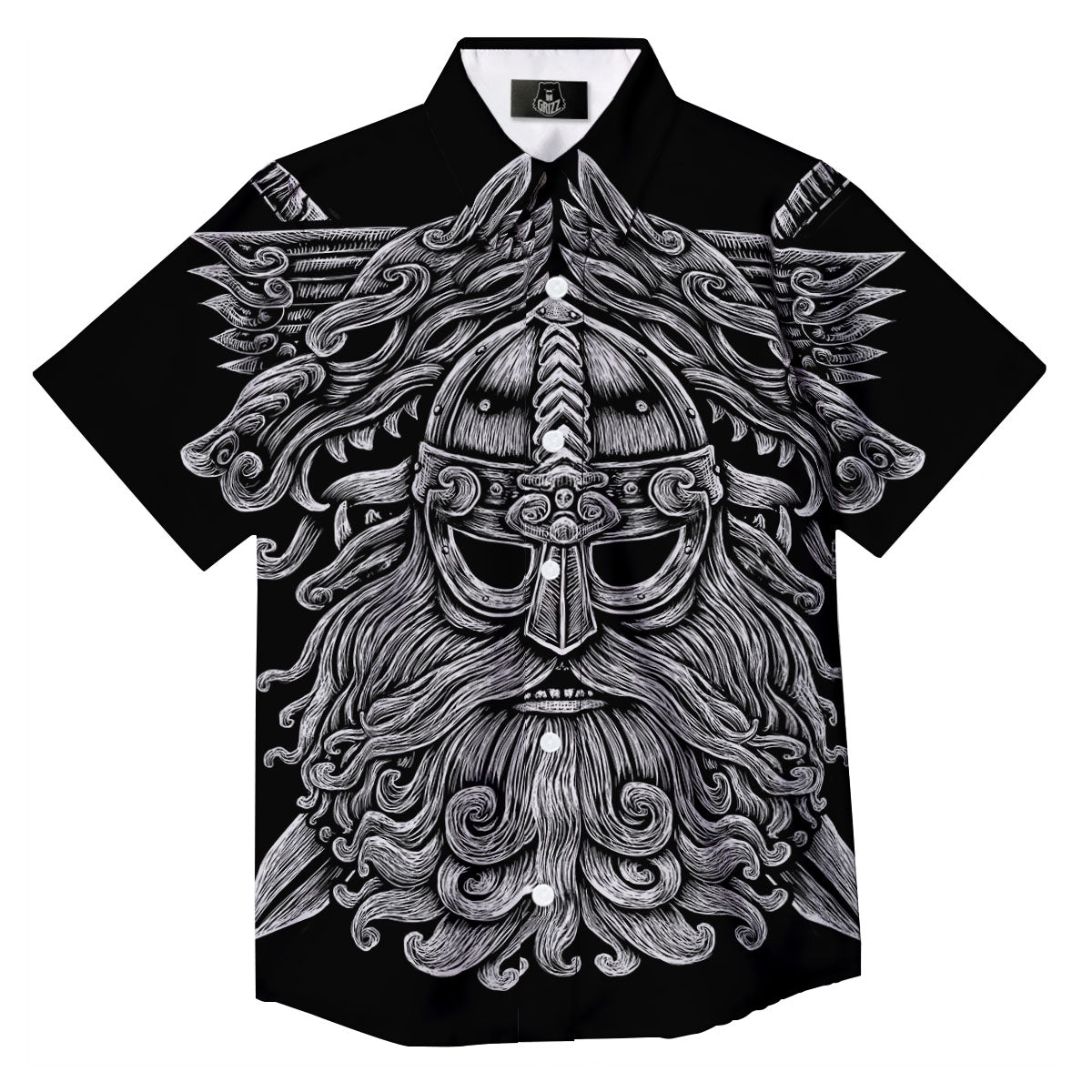 Odin With Wolfs White And Black Print Button Up Shirt-grizzshop