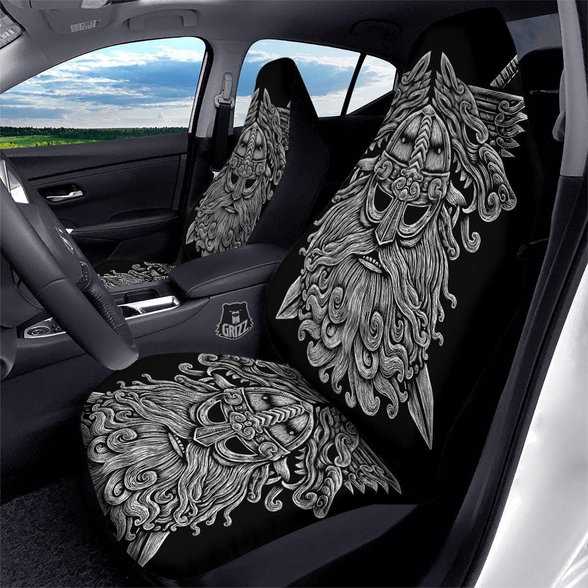 Odin With Wolfs White And Black Print Car Seat Covers-grizzshop