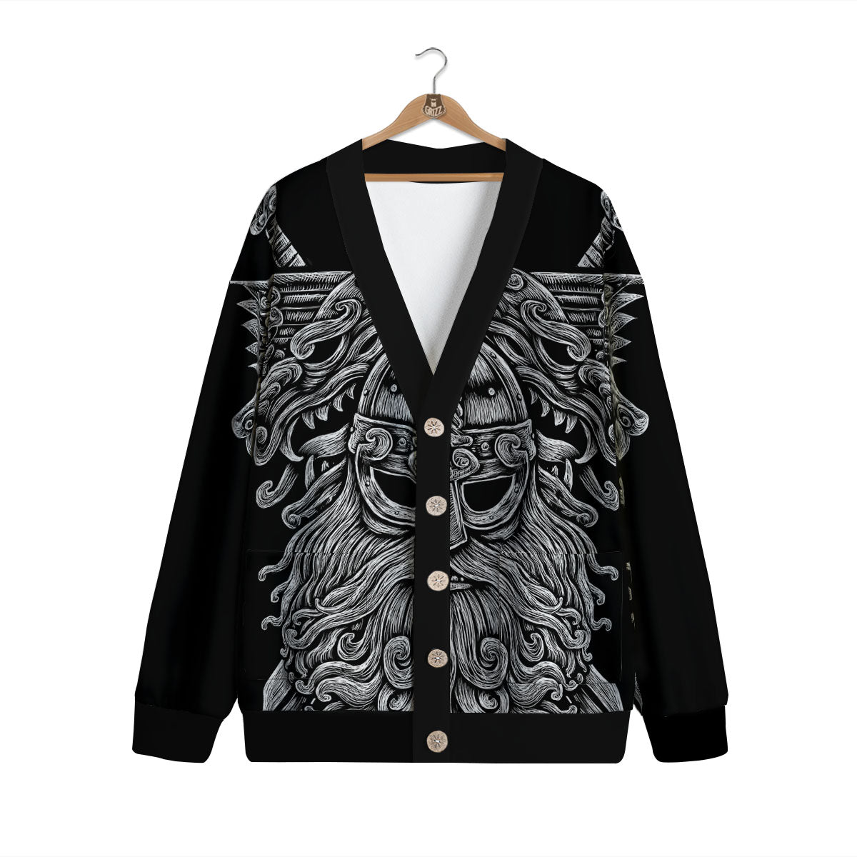 Odin With Wolfs White And Black Print Cardigan-grizzshop