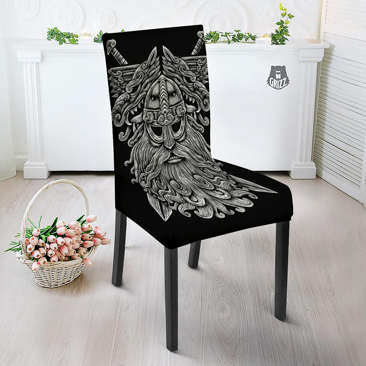 Odin With Wolfs White And Black Print Dining Chair Slipcover-grizzshop