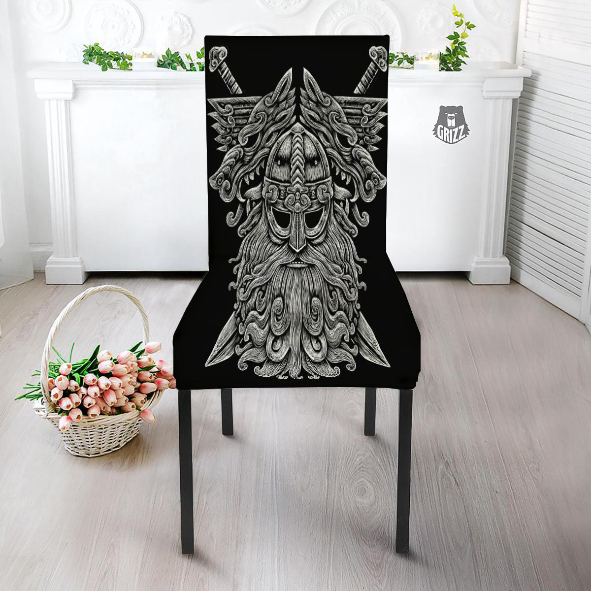 Odin With Wolfs White And Black Print Dining Chair Slipcover-grizzshop