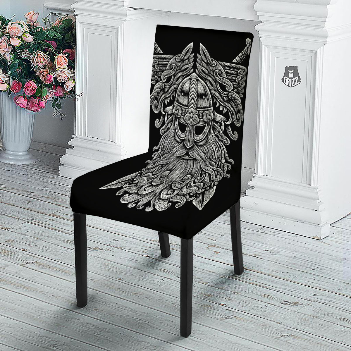 Odin With Wolfs White And Black Print Dining Chair Slipcover-grizzshop