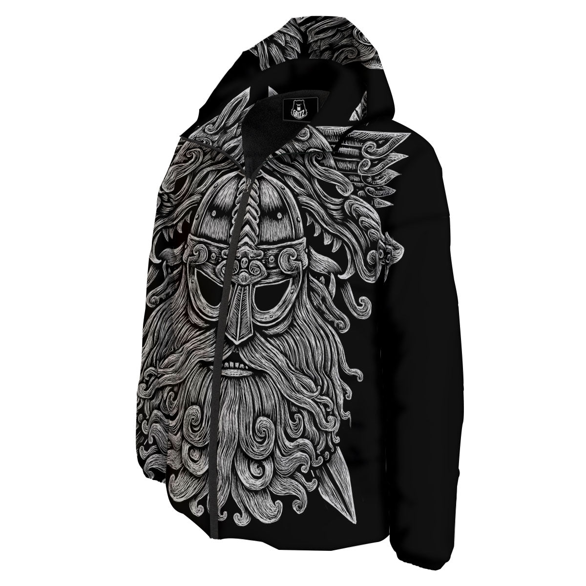 Odin With Wolfs White And Black Print Down Jacket-grizzshop
