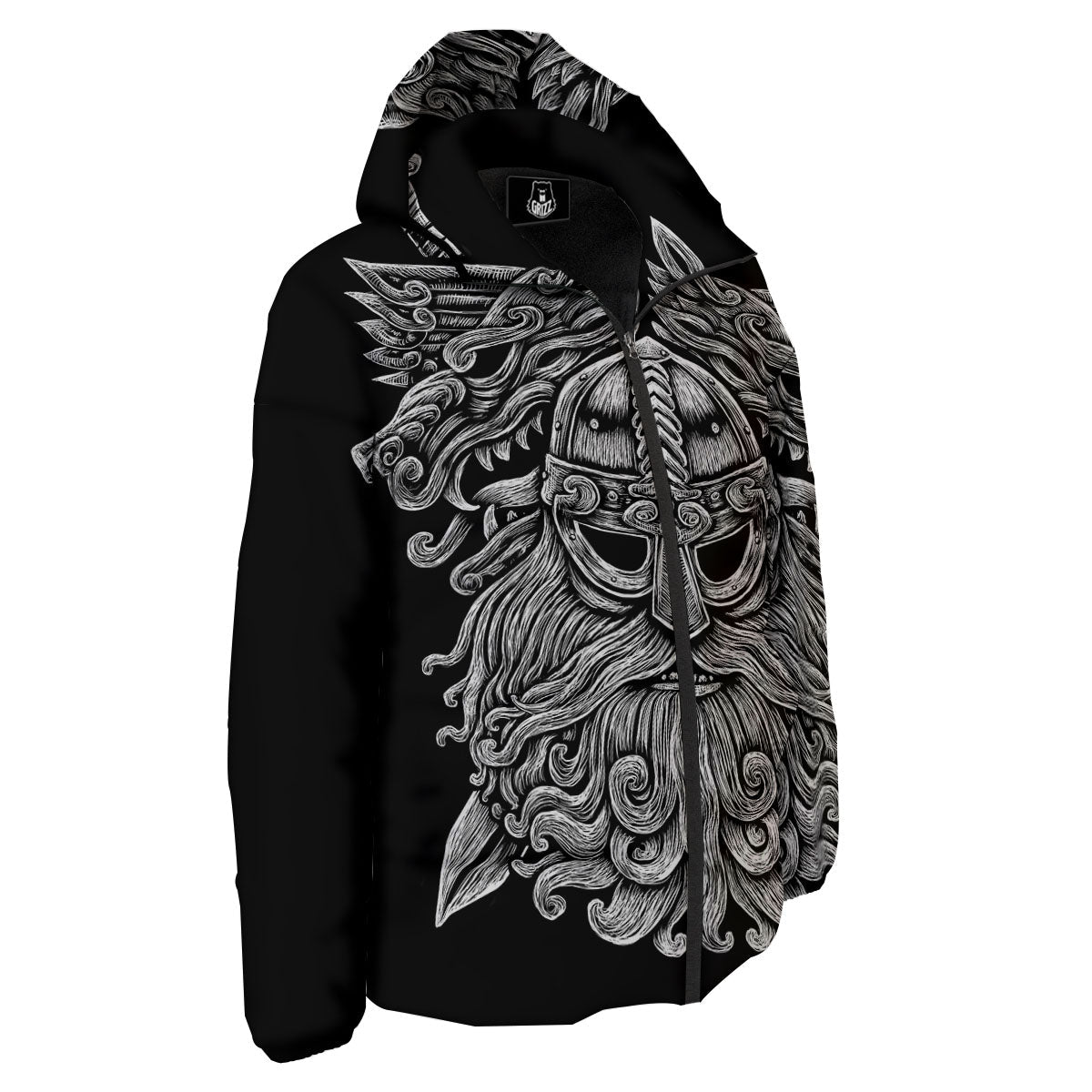 Odin With Wolfs White And Black Print Down Jacket-grizzshop