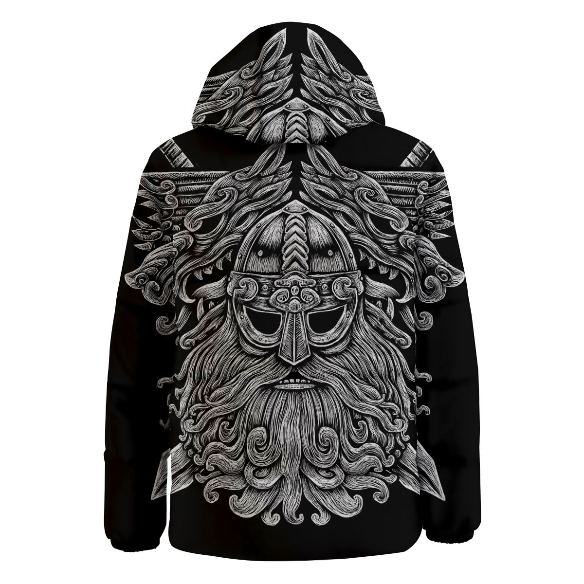 Odin With Wolfs White And Black Print Down Jacket-grizzshop