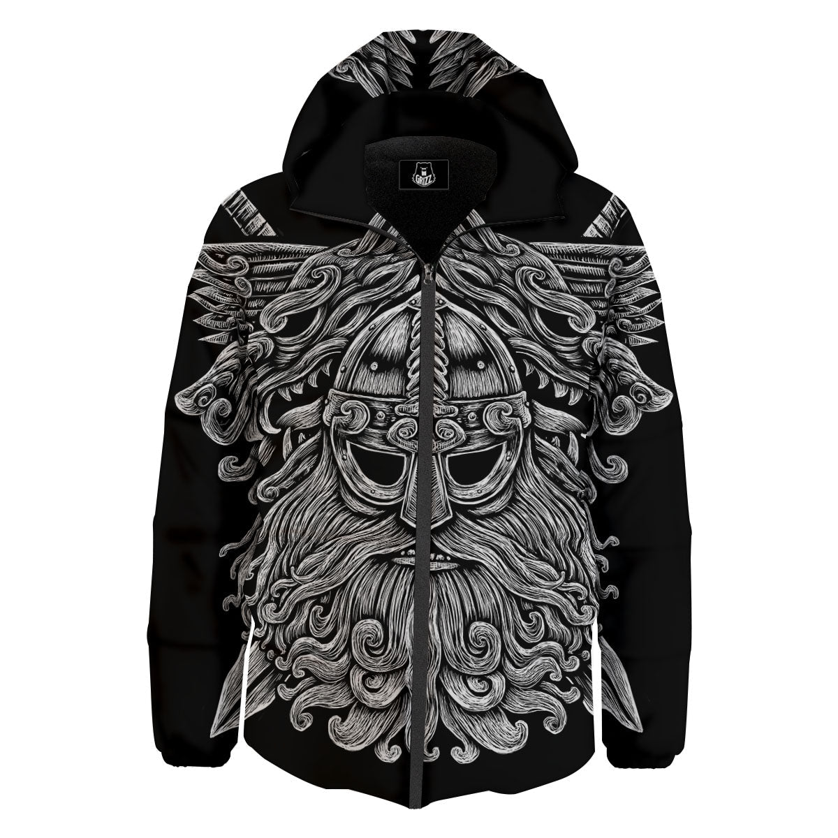 Odin With Wolfs White And Black Print Down Jacket-grizzshop