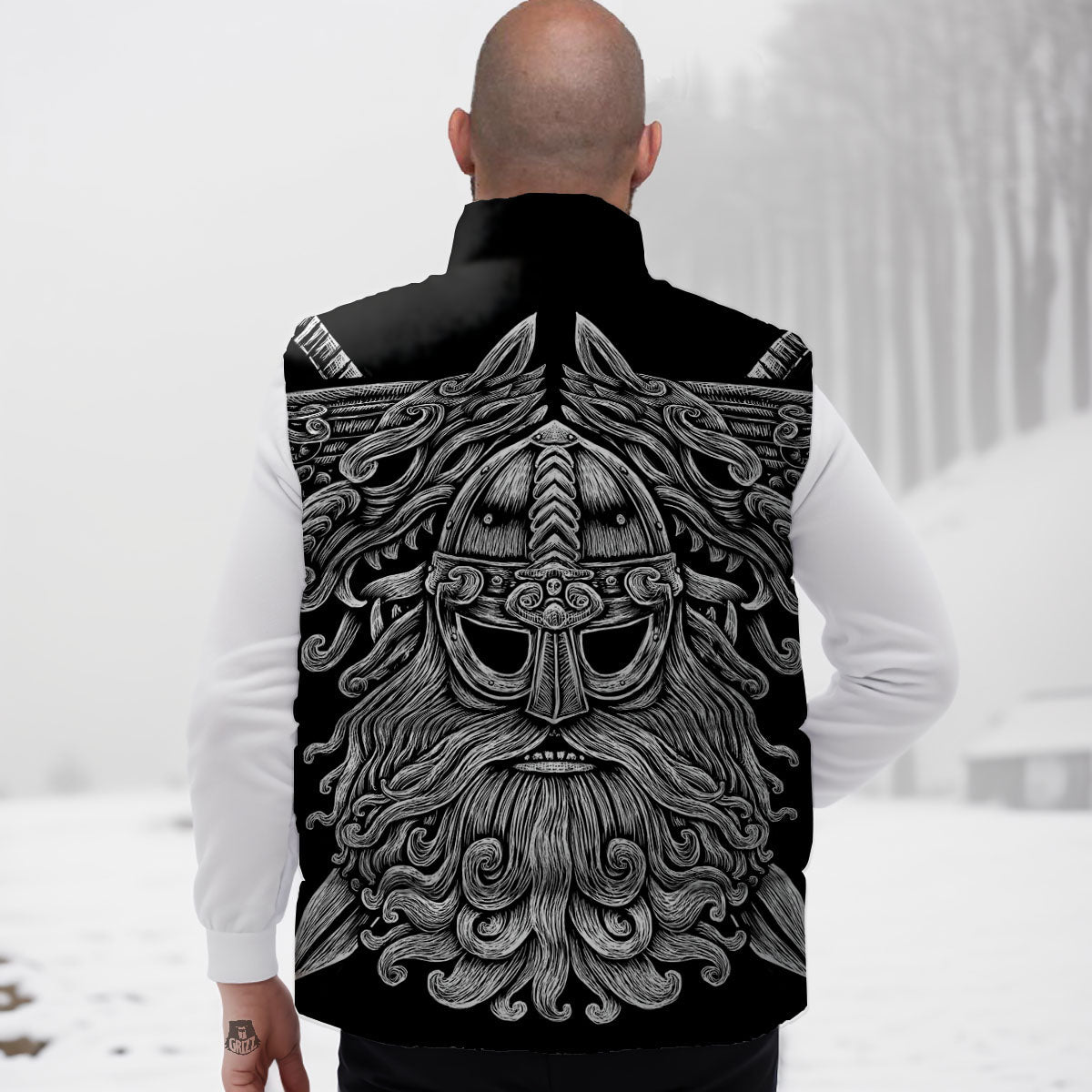 Odin With Wolfs White And Black Print Down Vest
