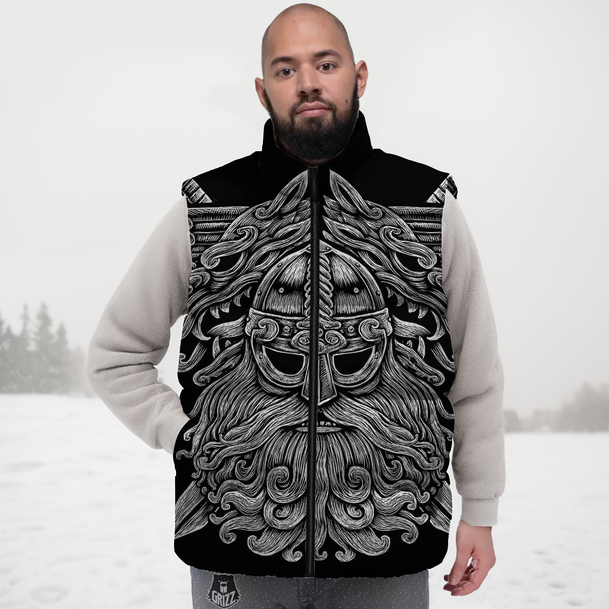 Odin With Wolfs White And Black Print Down Vest