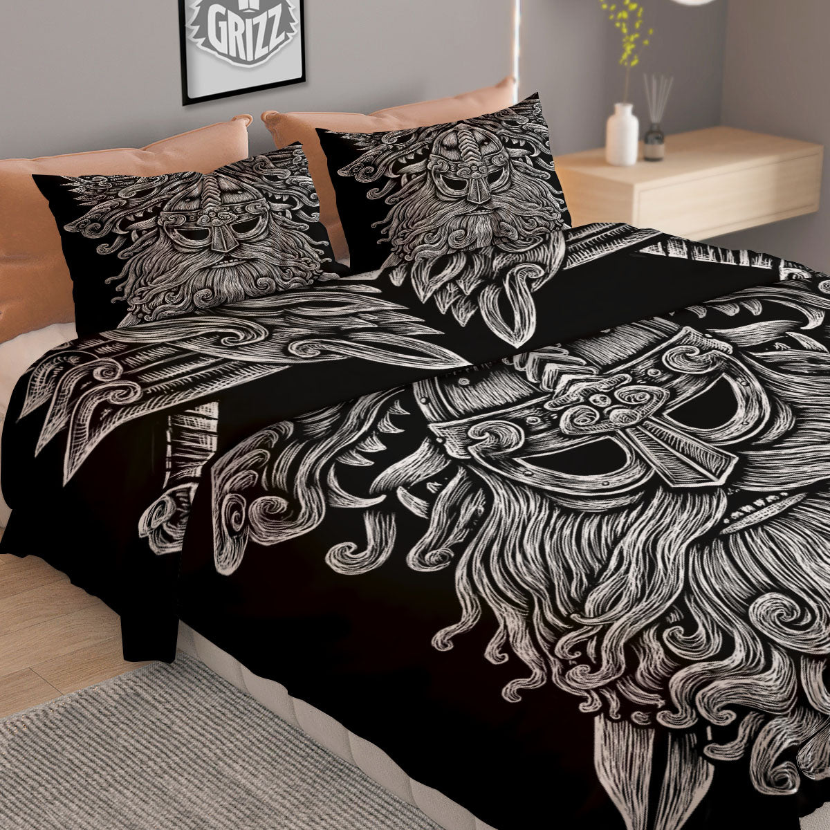 Odin With Wolfs White And Black Print Duvet Cover Bedding Set