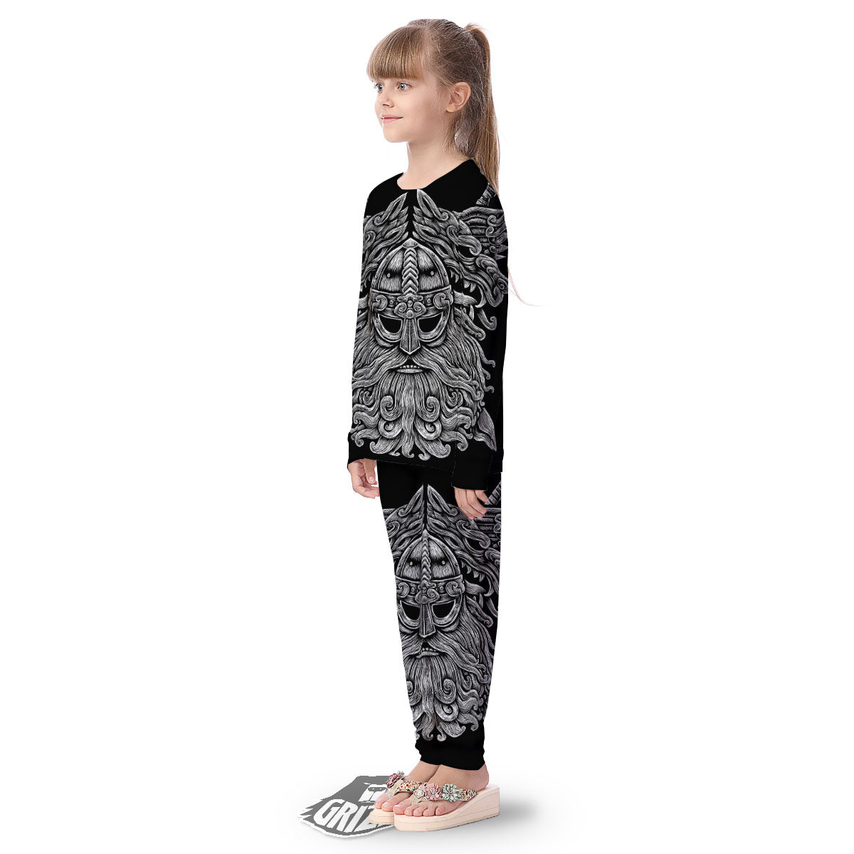 Odin With Wolfs White And Black Print Kid's Pajamas-grizzshop