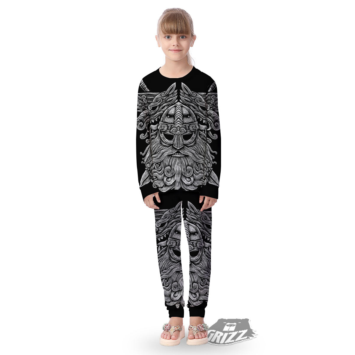 Odin With Wolfs White And Black Print Kid's Pajamas-grizzshop