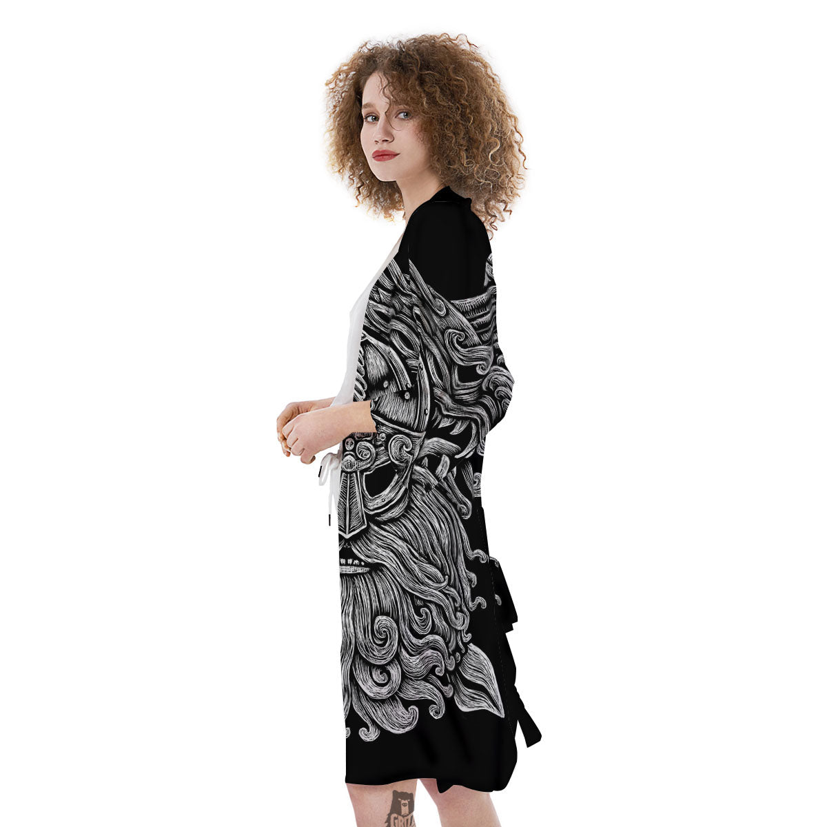 Odin With Wolfs White And Black Print Kimono-grizzshop