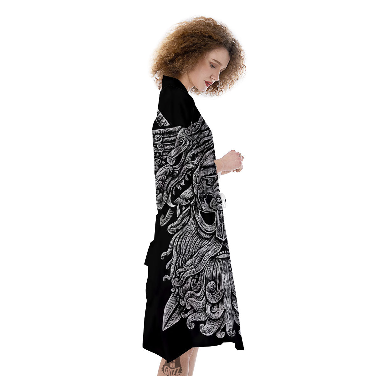 Odin With Wolfs White And Black Print Kimono-grizzshop
