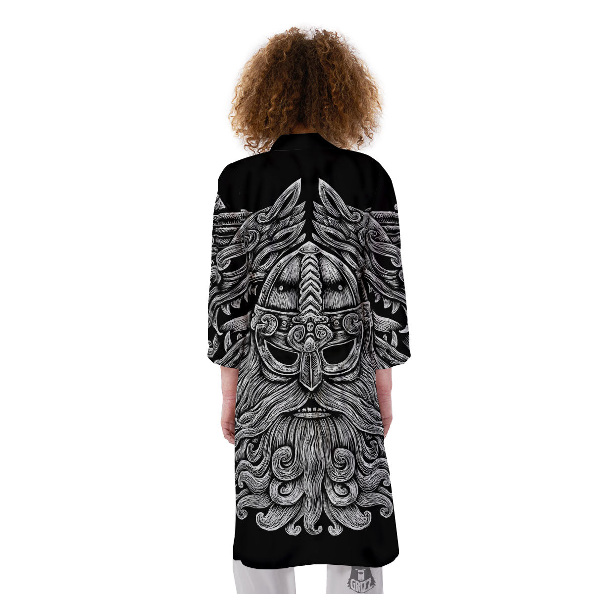 Odin With Wolfs White And Black Print Kimono-grizzshop