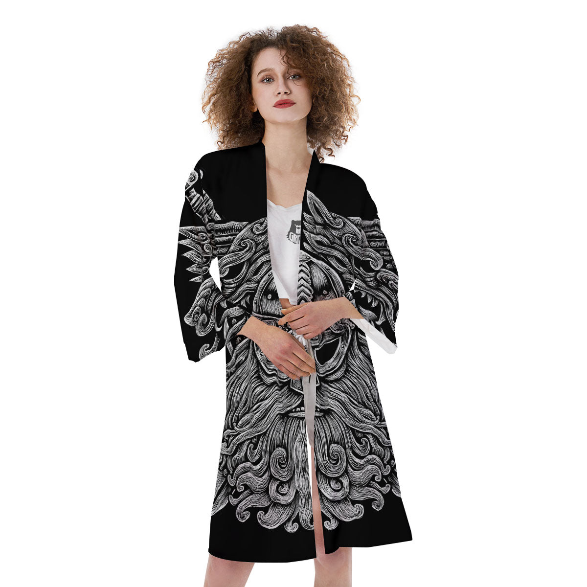 Odin With Wolfs White And Black Print Kimono-grizzshop