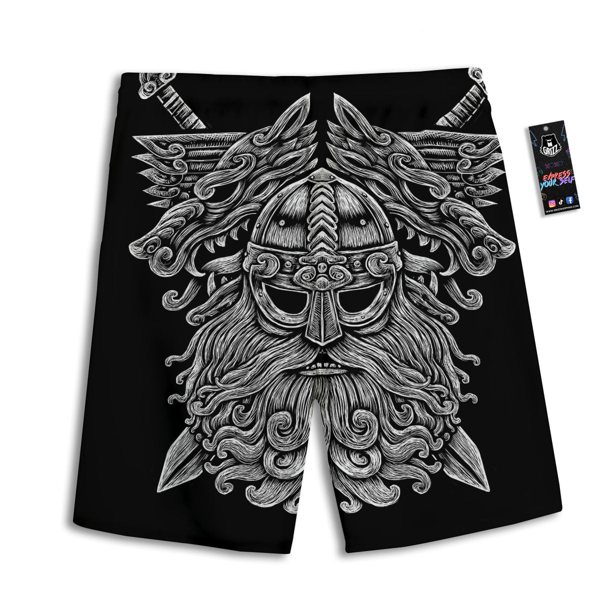 Odin With Wolfs White And Black Print Men's Athletic Shorts
