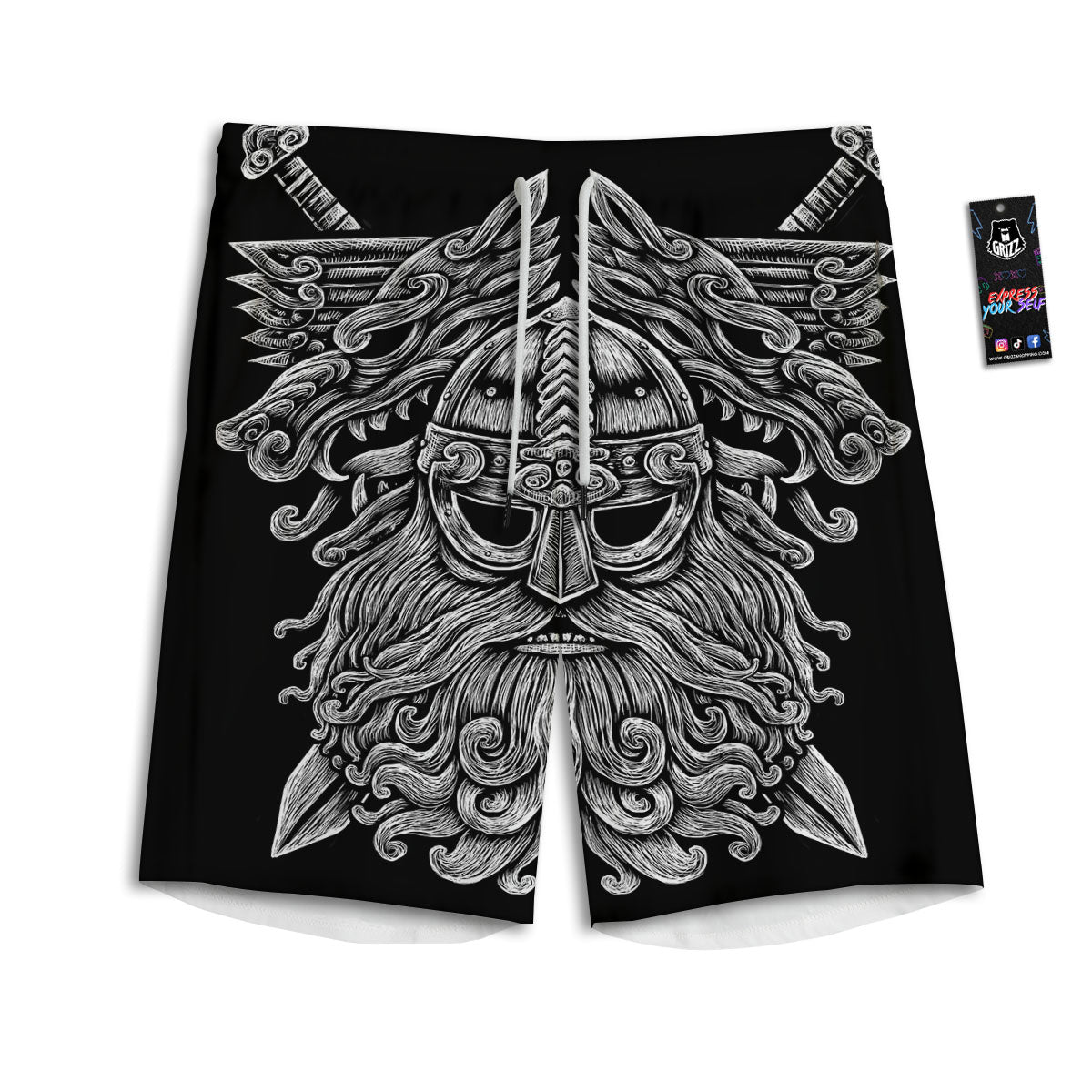 Odin With Wolfs White And Black Print Men's Athletic Shorts