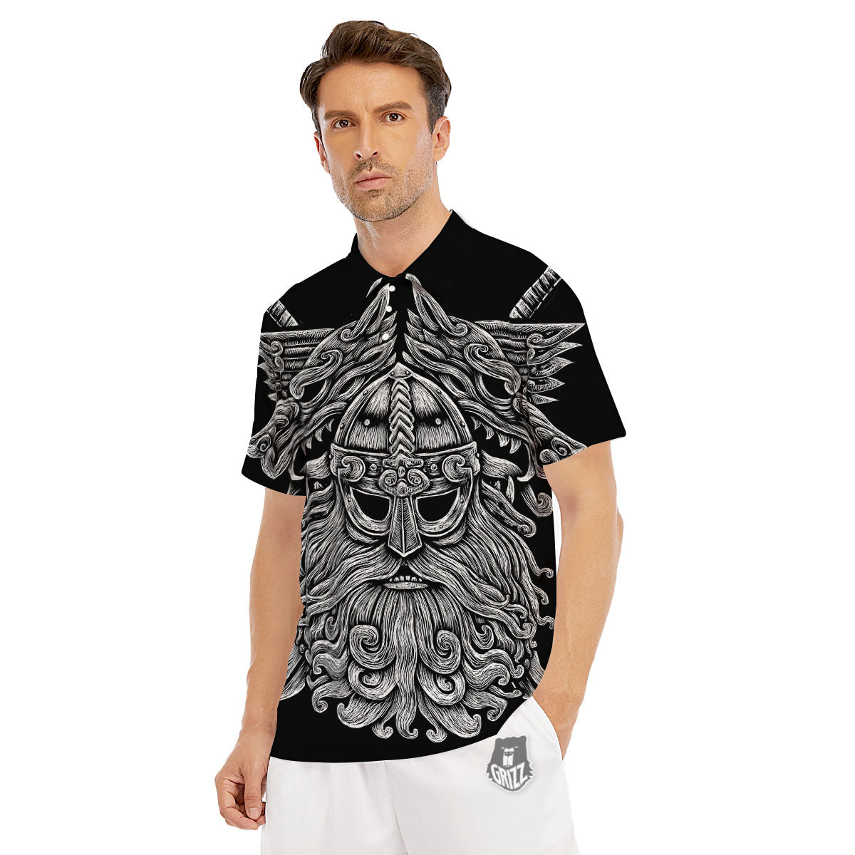 Odin With Wolfs White And Black Print Men's Golf Shirts-grizzshop