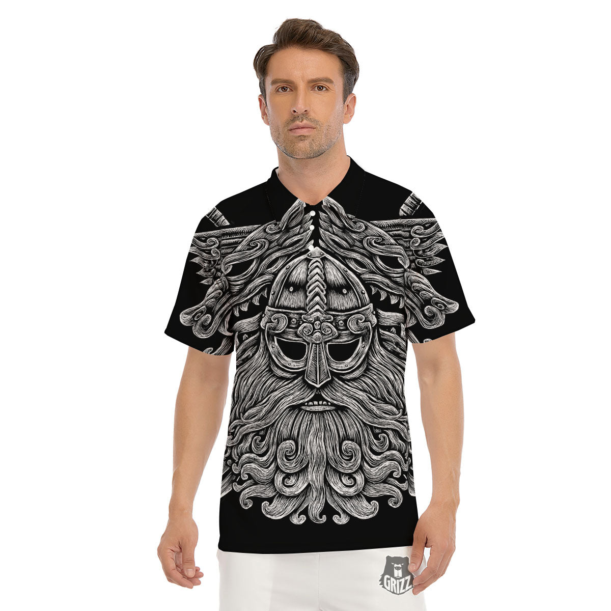 Odin With Wolfs White And Black Print Men's Golf Shirts-grizzshop